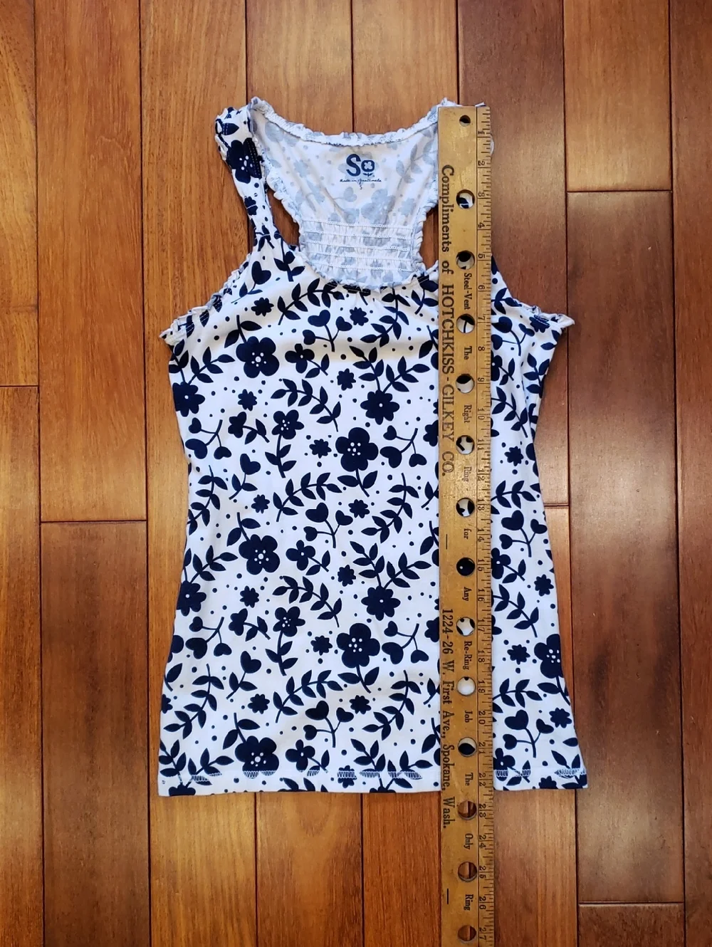 Small Floral Ruffle Racer Back tank top. White with blue - Picture 6 of 10
